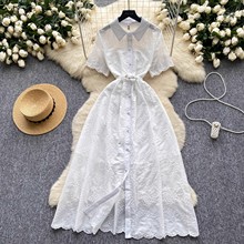 欧美法式复古重工镂空刺绣单排扣翻领短袖收腰气质优雅礼服连衣裙