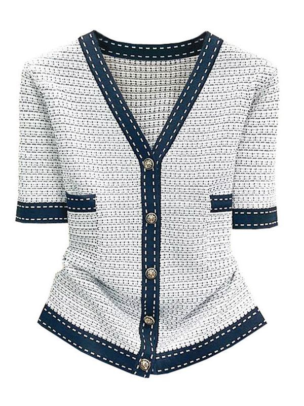 Áo cardigan nữ cổ chữ V tay ngắn dệt kim phong cách tiểu thư — Màu xám