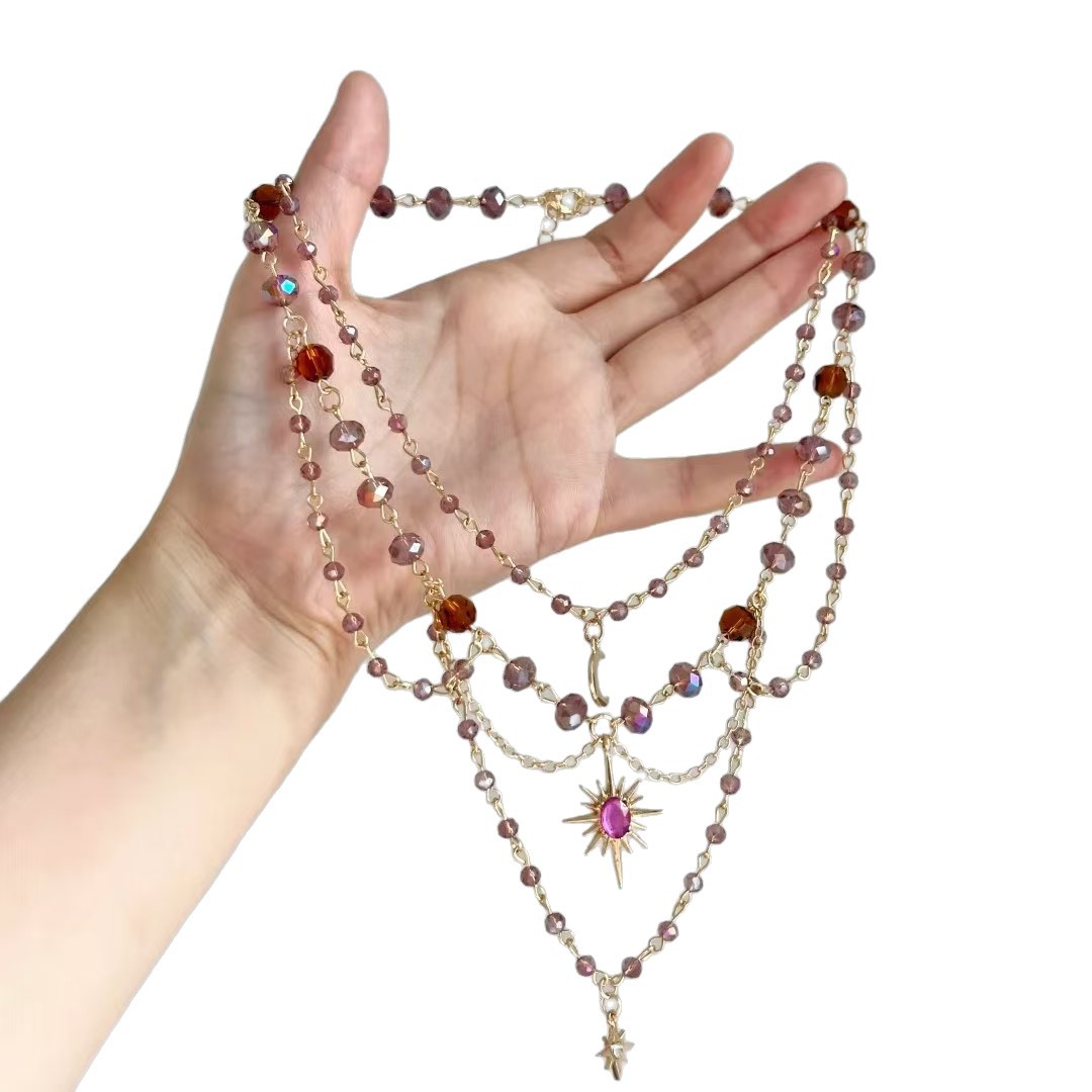 Multi-layer Beaded Collarbone Necklace With Moon And Sun Pendants_voghion.com