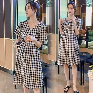 Maternity Summer New Maternity Fashion Mid-length V-neck Plaid Button Loose plus size Maternity dress