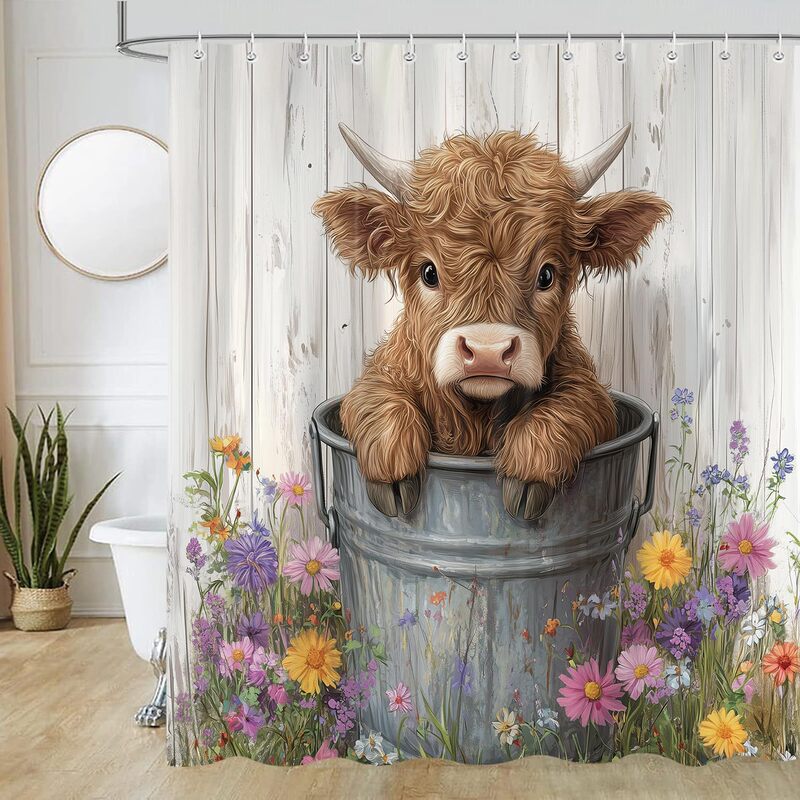 Farmhouse Highland Cow Shower Curtain Country Cow Bathroom Shower Curtain Western Cow Farm Animal Polyester Fabric Shower Curtain Set