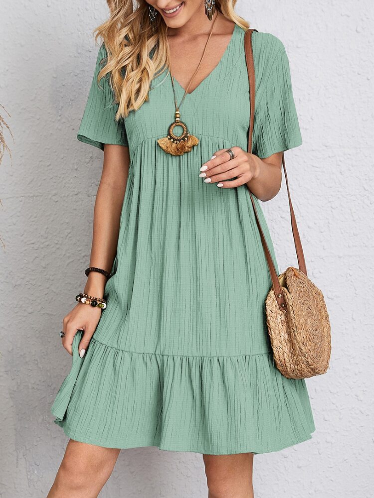 Elegant Solid Color V Neck Short Sleeve Pleated Dresses Knee-Length Regular Dress