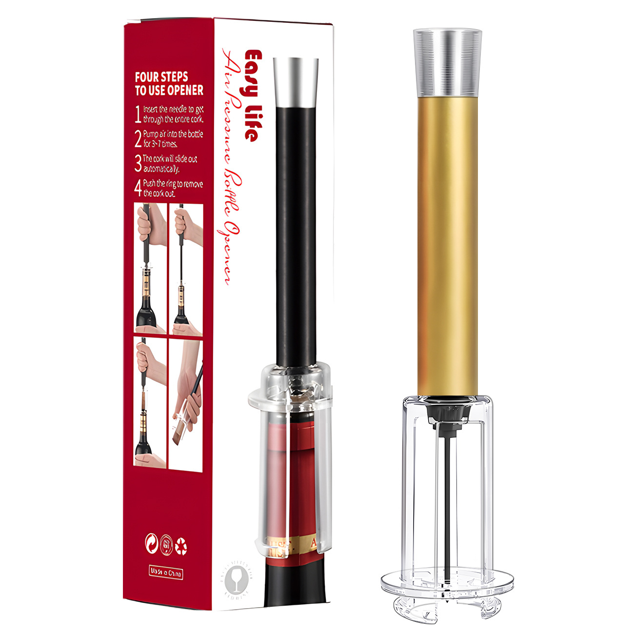 플라스틱 막대 알루미늄 헤드 황금 공기압 병따개 + 색상 상자