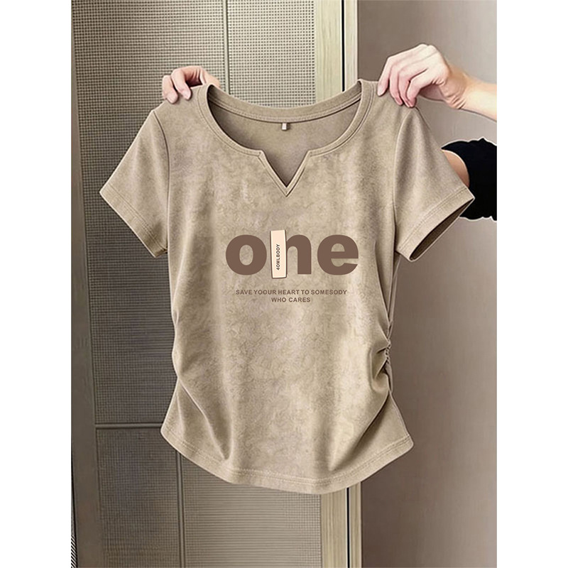 Waist-Cinching Pure Cotton V-Neck Short-Sleeved T-Shirt for Women, Slim-Fitting and Slimming Khaki Top, Summer 2026 New Style T-Shirt