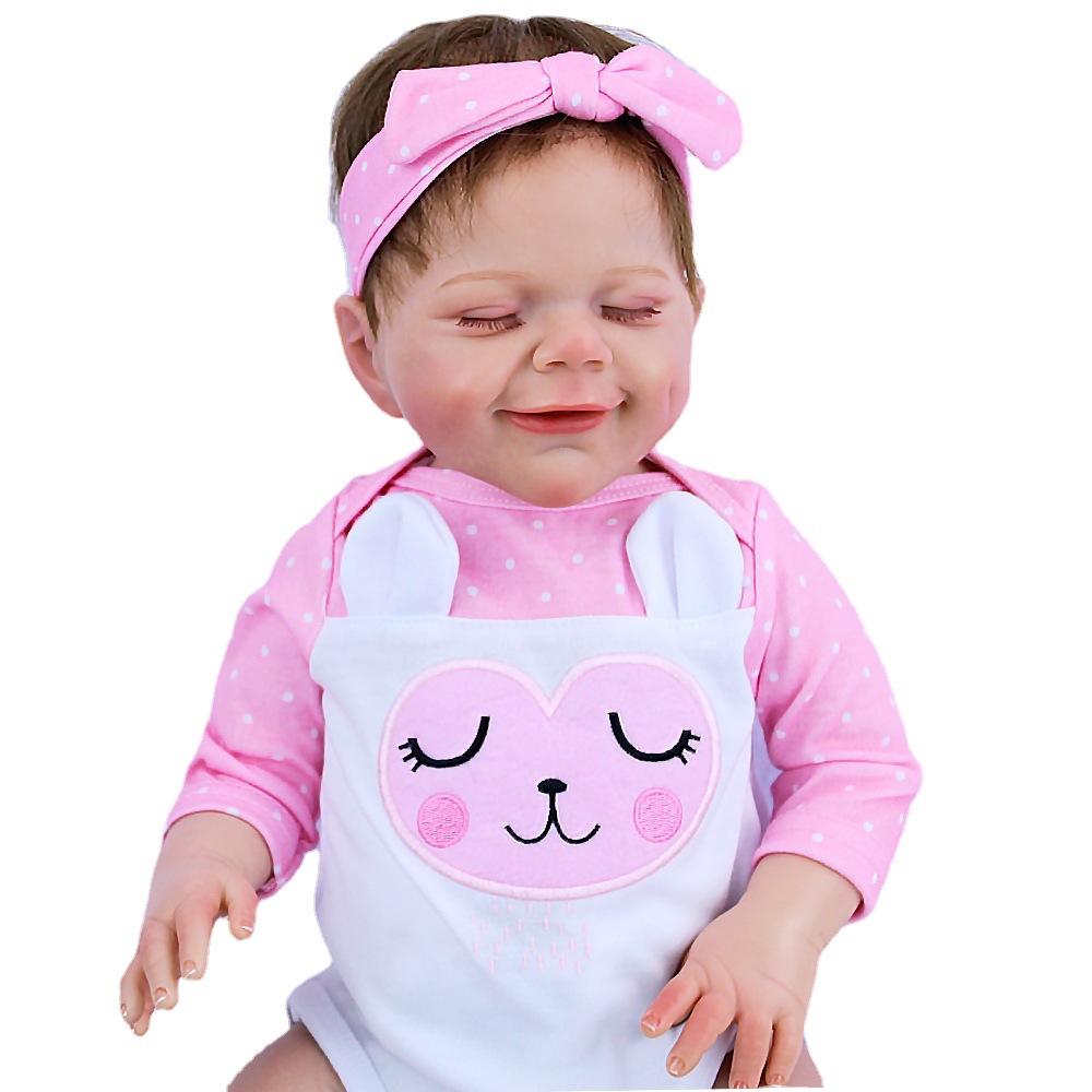 En stock 18 pulgadas ojos cerrados Smiley cara renacido muñeca suave vinilo simulación bebé acompañar niños juguete muñeca