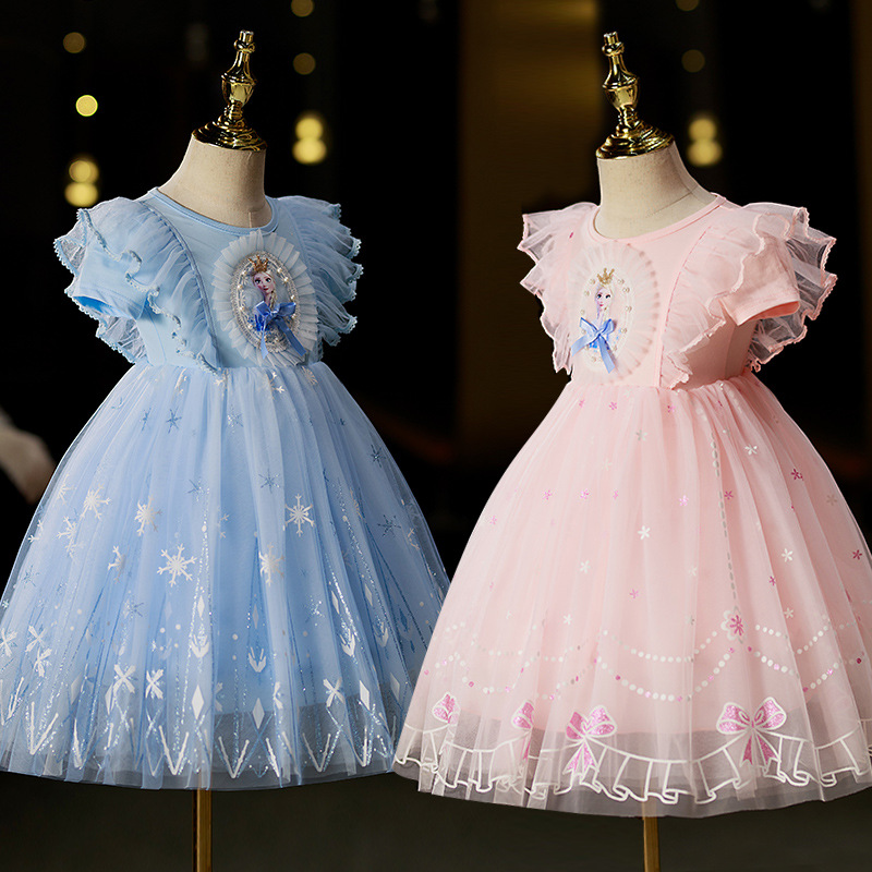 Girls 2025 Summer Elsa Dress Children's Summer Short Sleeve Summer Dress Puff Elsa Princess Dress