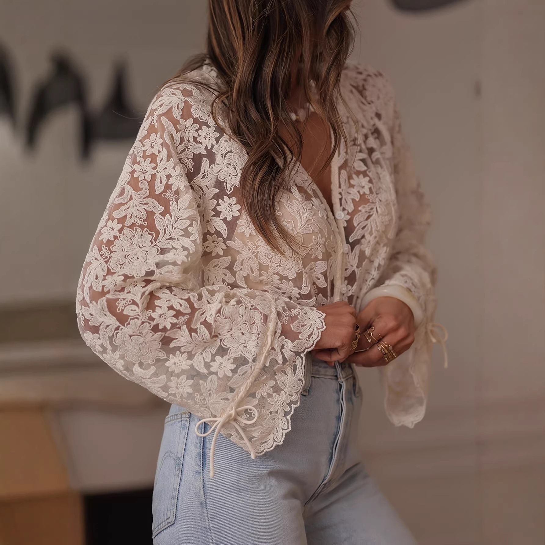 European and American Cross-Border 2026 Summer New Foreign Trade Women's Fashion New Hollow-Out Casual Lace Shirt Lace Blouse for Women