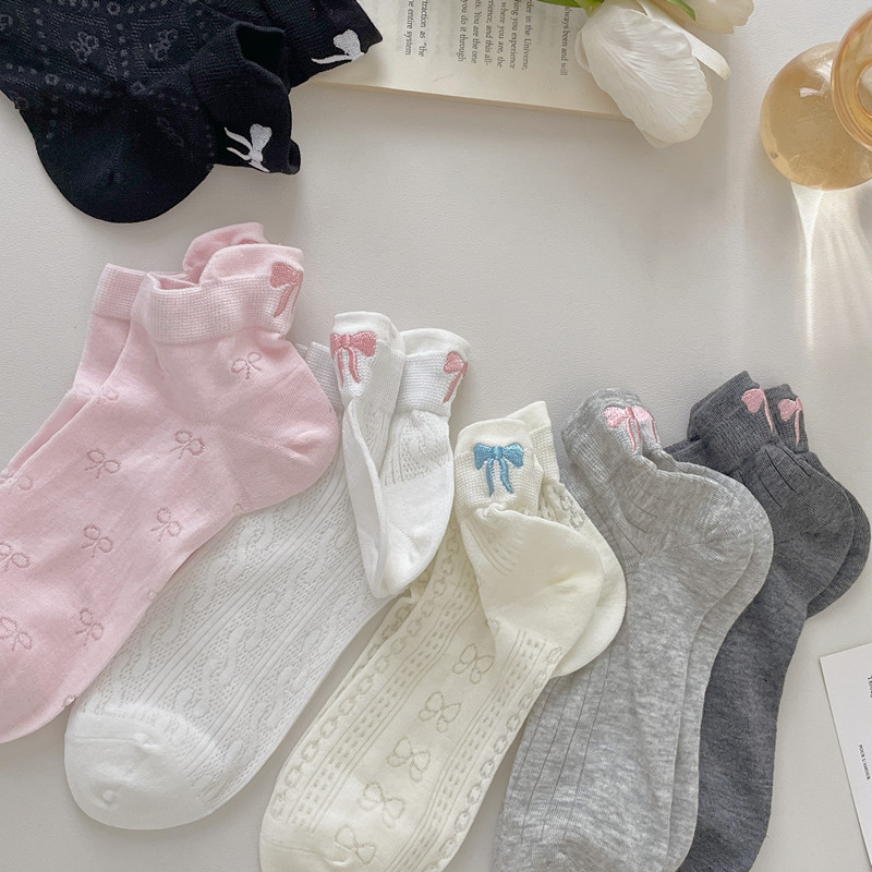 Socks Women's Summer New Japanese Solid Color Boat Socks Heel Bow Embroidered Cotton Socks Bone Free Socks Thin Breathable