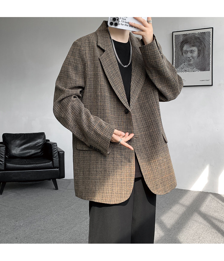 American Retro Houndstooth Blazer For Men Oversized Plaid Jacket_voghion.com