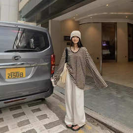 2025夏女装条纹宽松大版休闲韩版百搭长袖慵懒风T恤薄款防晒衫