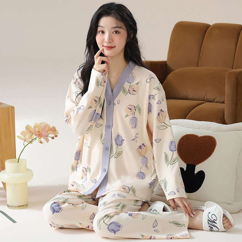 2025年新款家居服少女风开衫长袖长裤套装甜美可爱印花春秋季睡衣|undefined