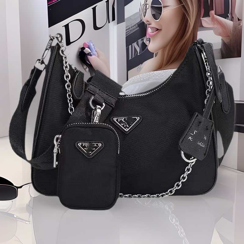 P Family Three-In-One Women's Fashion Triangle Logo Waterproof Nylon Cloth Bag Hobo Chain Bag Shoulder Crescent Crossbody Bag