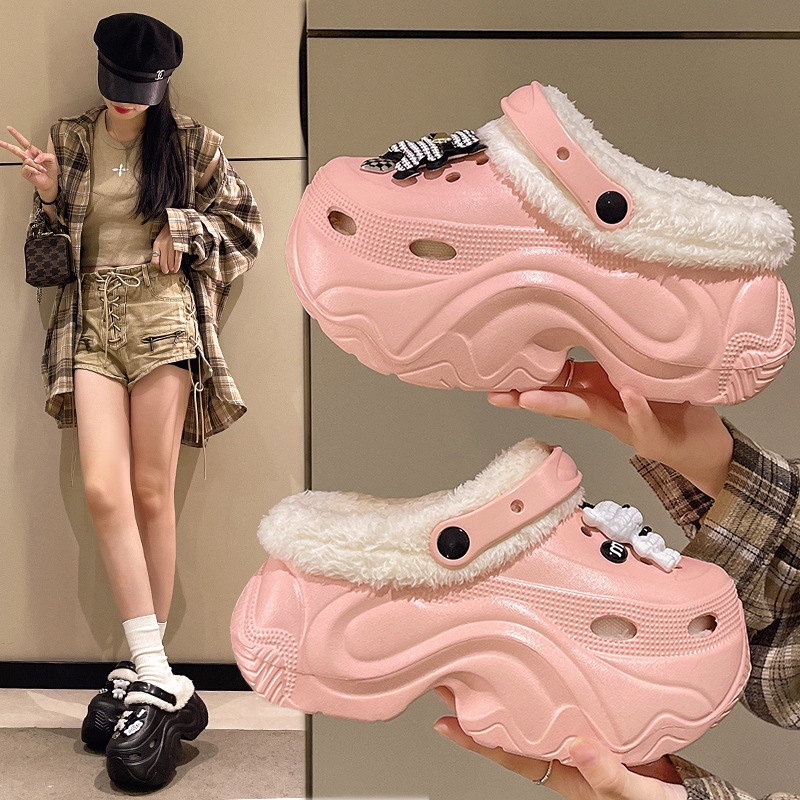 fleece-lined High Heel Cave Shoes Women's Winter New Thick Sole Height Increasing Warm Cute Baotou Maomao Cotton Slippers for Women
