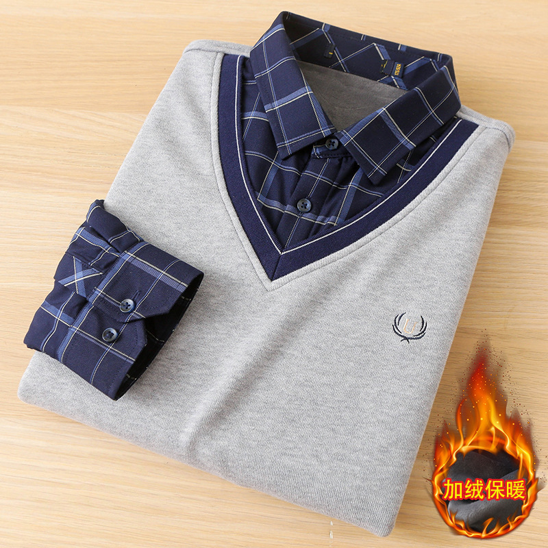 New Hai Brand Cut Label Mink Velvet Fleece-Lined Fake Two-Piece Knitwear Men's Winter Shirt Collar Knitwear Men's Clothing 4U070