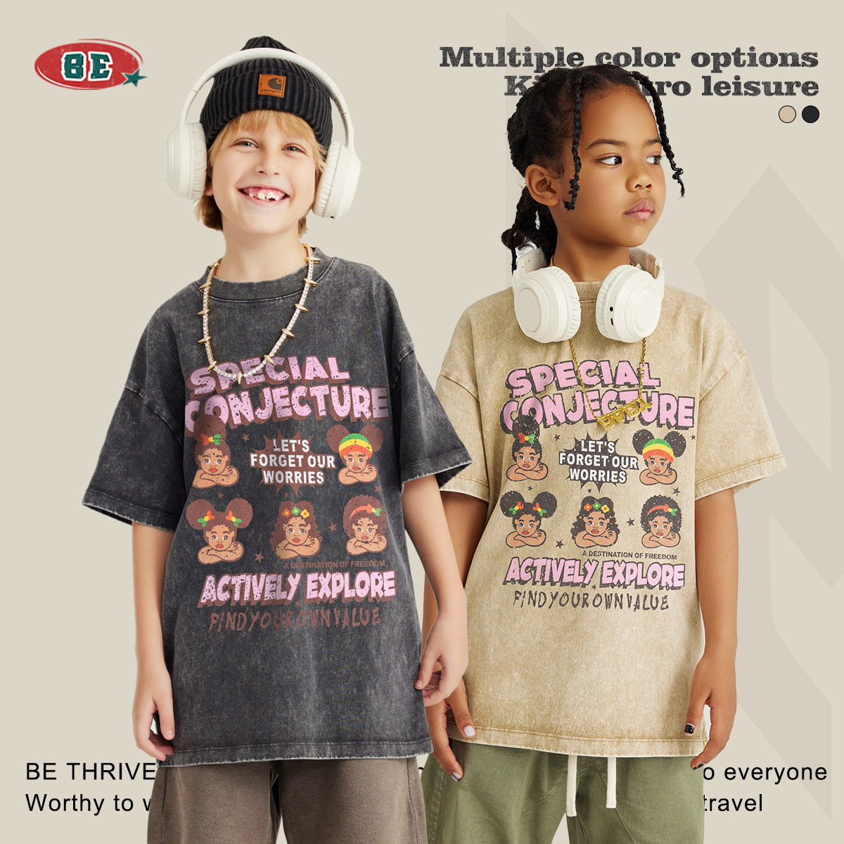 Ropa Infantil BE | Camiseta de Manga Corta para Niños, Estilo Lavado, Divertida, de Moda Urbana, Primavera/Verano 2025, para Niños, 100% Algodón