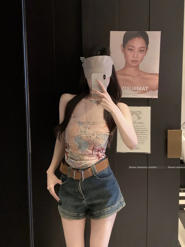 966#967#新款甜美涂鸦印花吊带带胸垫修身杏色蕾丝外套显瘦上衣|undefined