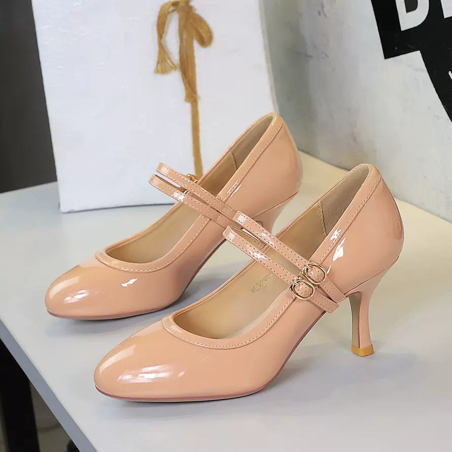 6682-6高跟鞋女细跟圆头浅口双扣带温柔jk配裙子玛丽珍鞋漆皮单鞋