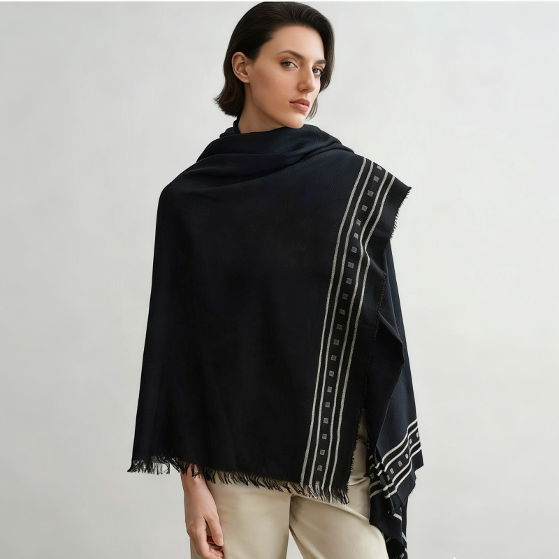 Row-Style Wool Black Geometric Stripe Embossed Fashion Scarf and Large Shawl Dual-Use