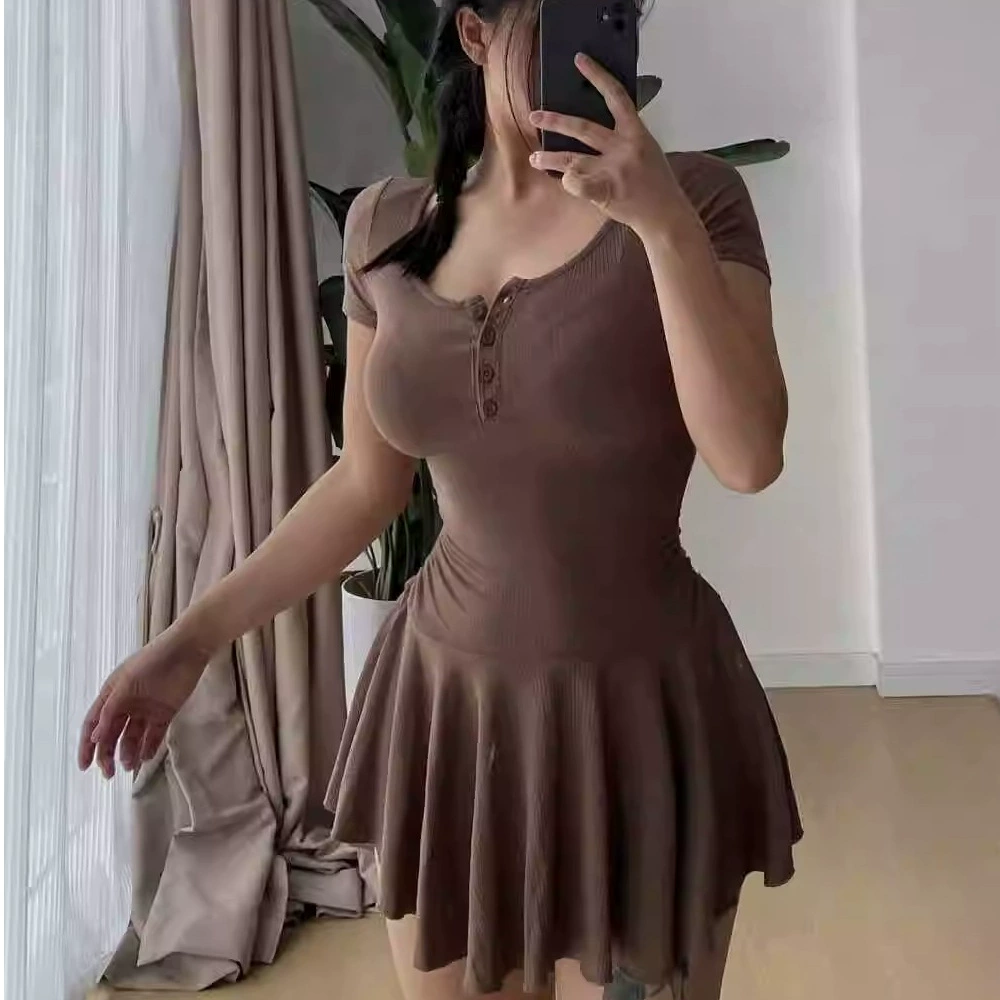 Серое платье с короткими рукавами U-образным вырезом женское летнее маленькое платье на талии