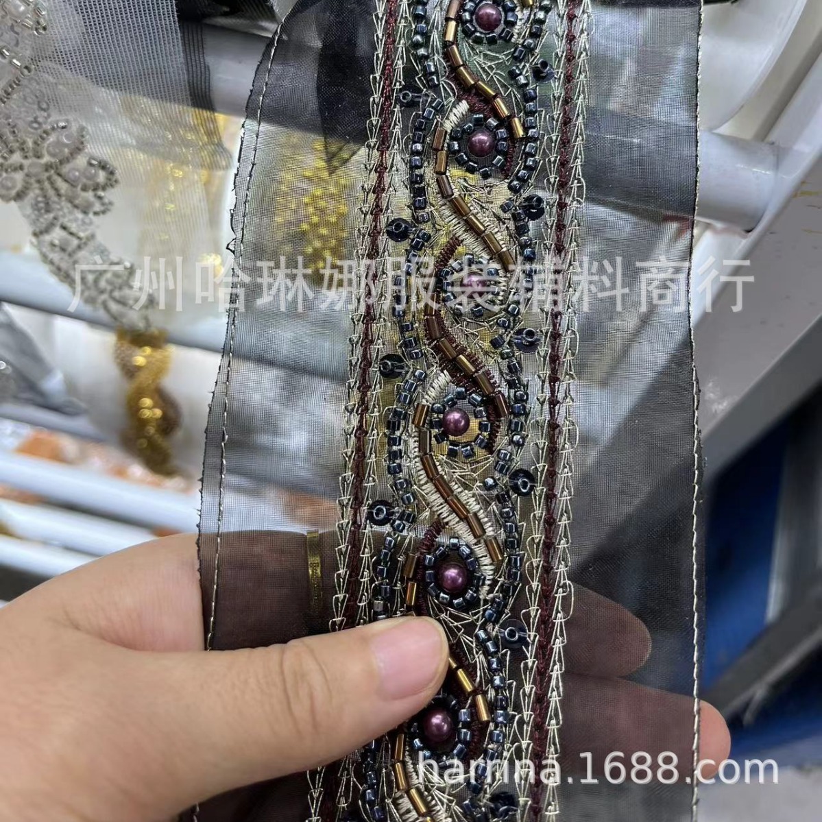 厂家新款网纱刺绣民族风手工钉珠花边条码 服装鞋帽diy配件辅料