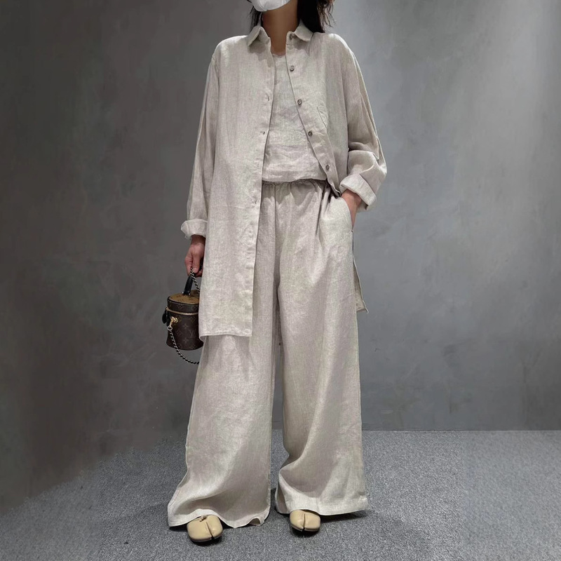 Cz9508 8998 Linen Solid Color Mid-length suit Shirt Casual Pants Casual All-match High-end Shirt for Women