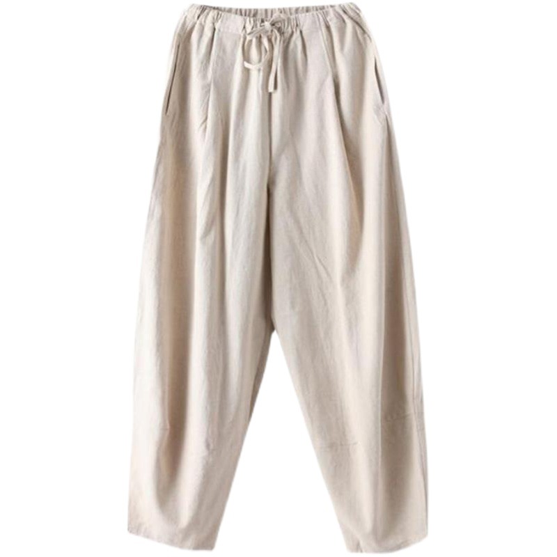 Pantalones deportivos de algodón y lino pantalones de verano de los hombres sueltos extra grandes pantalones de pierna ancha estilo chino cintura elástica tobillo-atado bloomers de práctica
