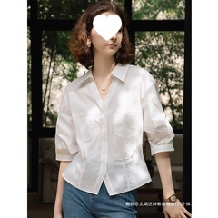 跨境白色显瘦衣开衫女5夏季新设计感法式知性薄特中袖衬衫纯色款