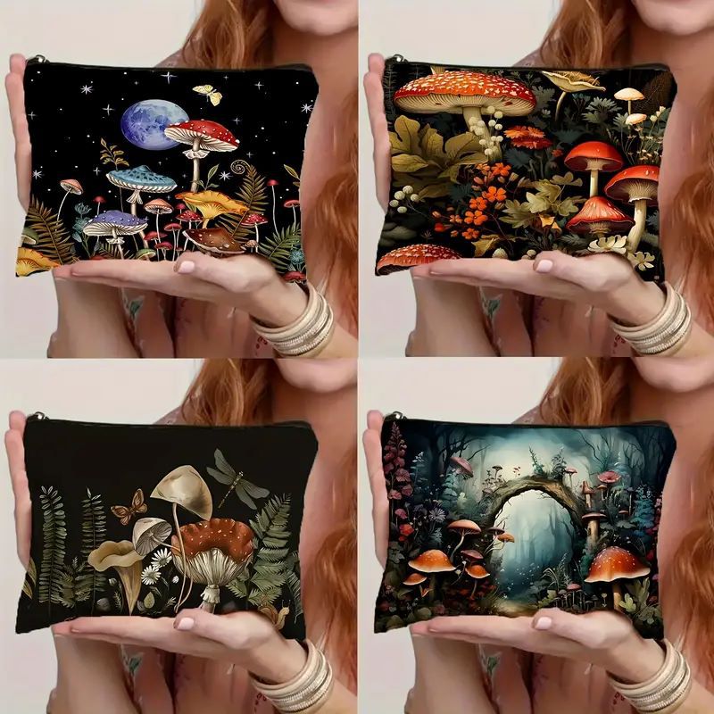 Bolsas de maquillaje transfronterizas de lino impermeable Amazon venta caliente hongos ilustración, bolsas de maquillaje personales bolsas de mano