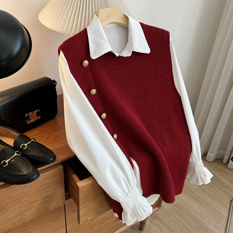 Женский костюм-двойка: белая рубашка и трикотажный жилет, осень 2025, новый, универсальный, элегантный, модный