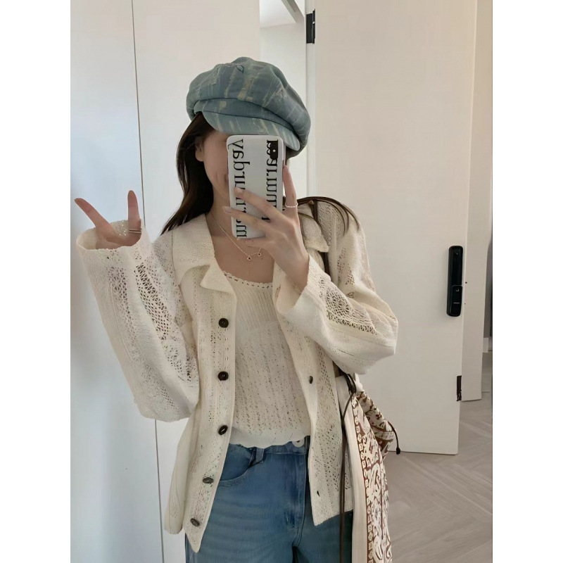 2025 New Spring and Summer New Simple Cotton Crochet Cut Out Long-Sleeved Shirt Casual Jacket