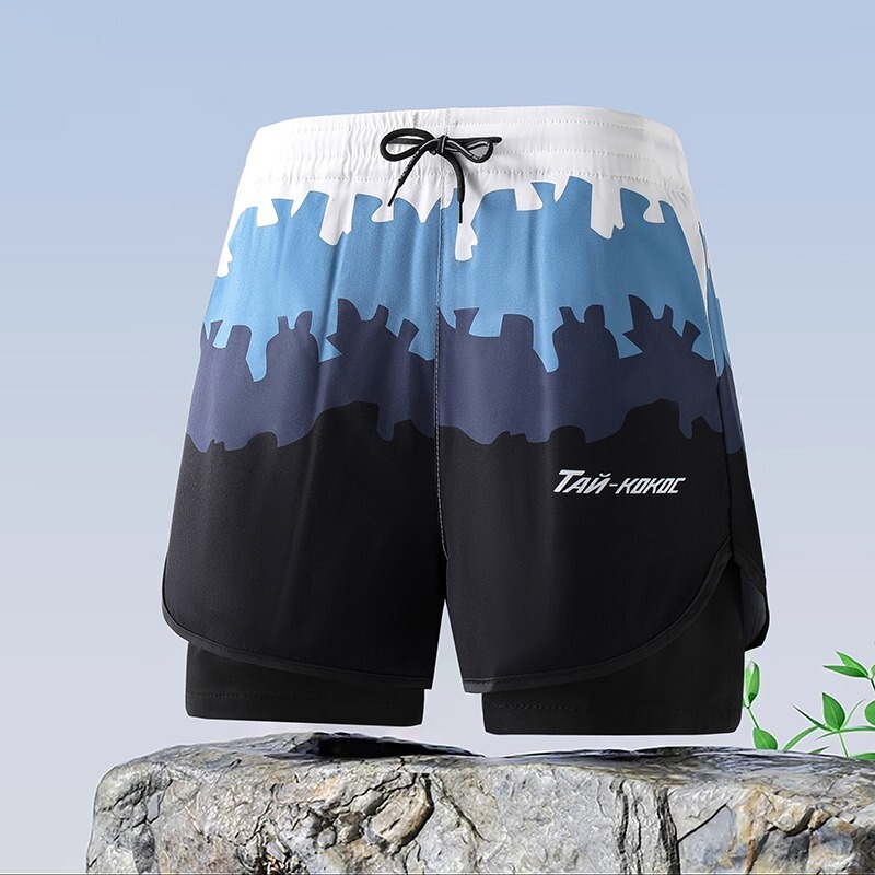 Summer New Men's Double-Layer Anti-Embarrassment Swimming Trunks Hawaiian Style Quick-Dry Beach Shorts Color-Blocked Sports Casual Shorts