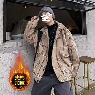 秋冬款加厚毛呢外套男潮牌宽松百搭痞帅格子夹克韩版潮流情侣上衣