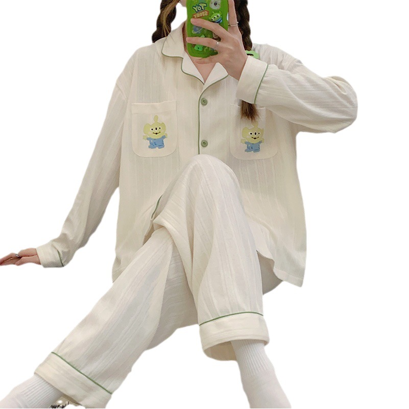 Pijamas simples frescos de las mujeres de algodón peinado Jacquard de otoño e invierno de manga larga cardigan linda chica dulce traje de desgaste para el hogar