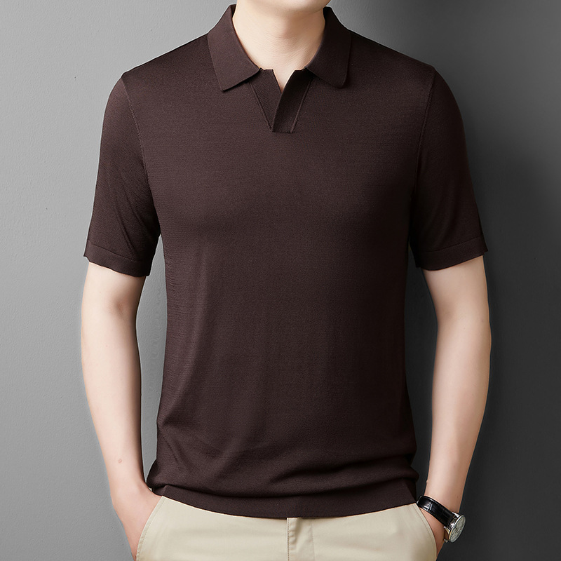 Yilite Imported Yarn Seagull Collar Men's Ice Silk Cool Knitted Lace Half Sleeve Breathable Polo Shirt Short Sleeve Men's