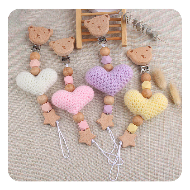 Nuevos bebés caricaturas Bees chupeta clips DIY lana amor de cordón de goma de madera cuentas chupeta cadena anti-caída cadena