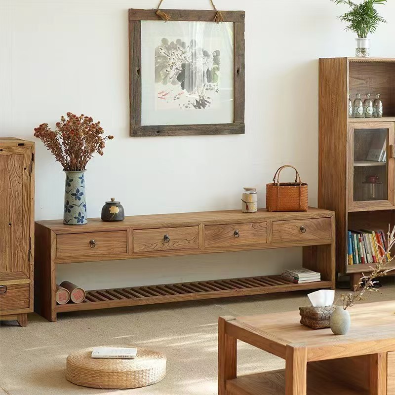 Old Elm Sideboard Small Apartment Floor-Standing Low Cabinet Solid Wood Tv Cabinet B&B Hotel Entrance Decorative Storage Cabinet