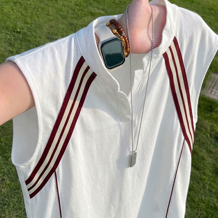 White Henley Collar Polo Shirt Vest for Men, Summer Thin Style, Color-Blocked Striped Sleeveless T-Shirt, Sports Tank Top
