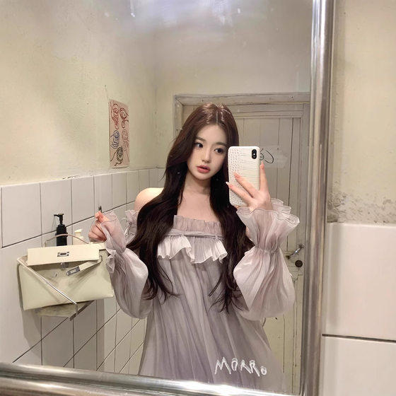 Hotdog Hot Dog Spicy Smoke Rain Fog Purple Sweet Gentle Temperament Long Sleeve dress Skirt with Shoulder