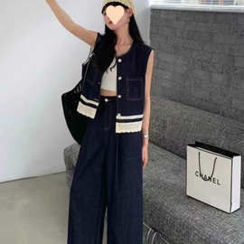 蕾丝花边牛仔短款马甲女春夏两件套装2025圆领外套水洗阔腿裤显瘦