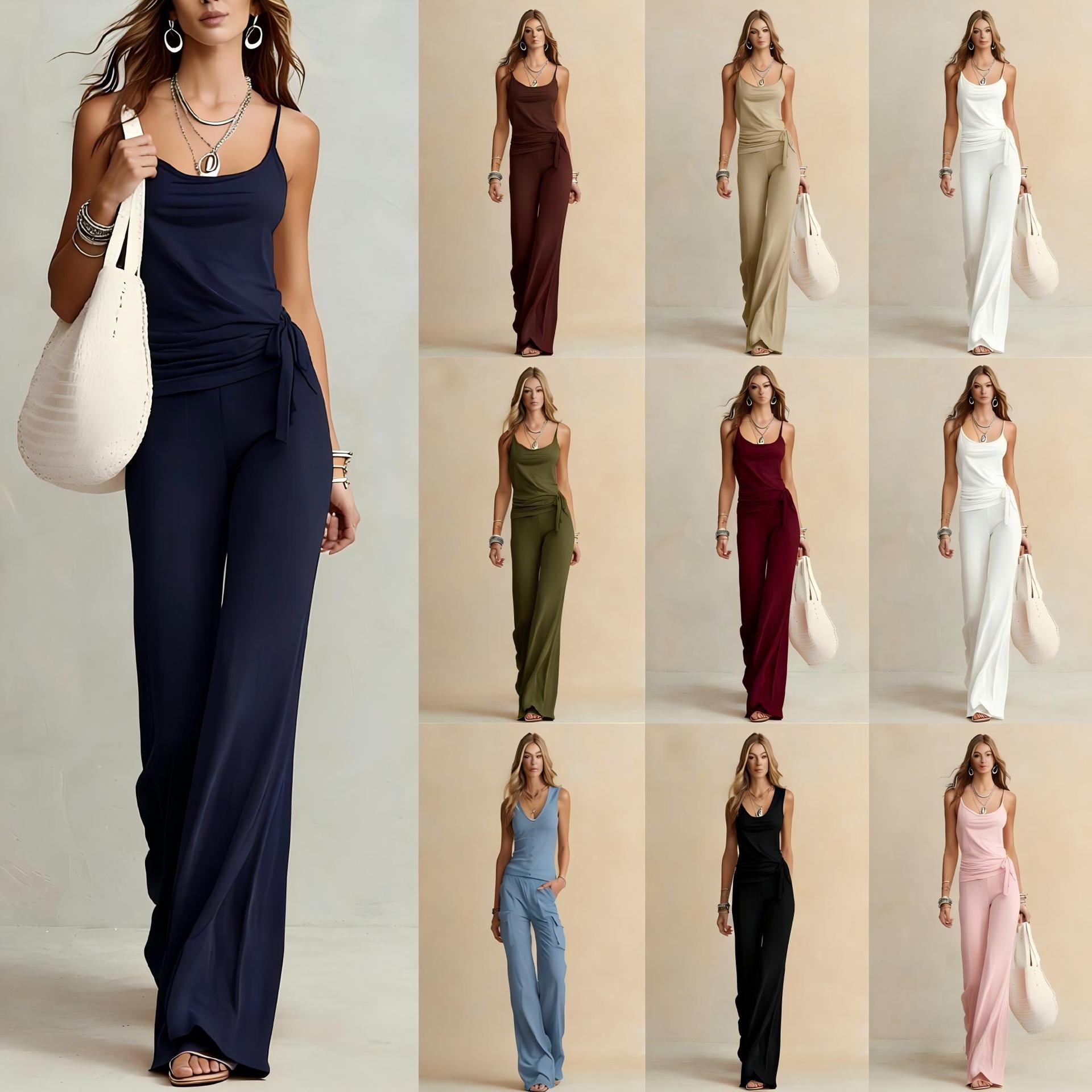 2026 Cross-Border European and American Independent Site New Product Solid Color Casual Suspender Set Top High-Waisted Wide-Leg Pants Sportswear