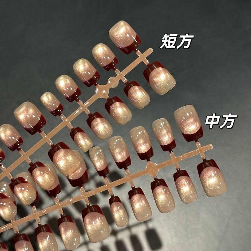 Wearable Red French Cat-Eye Versatile Short Square Pre-Made Nails 30 Pieces New Trendy Young Luxury Tiktok Xiaohongshu Hot