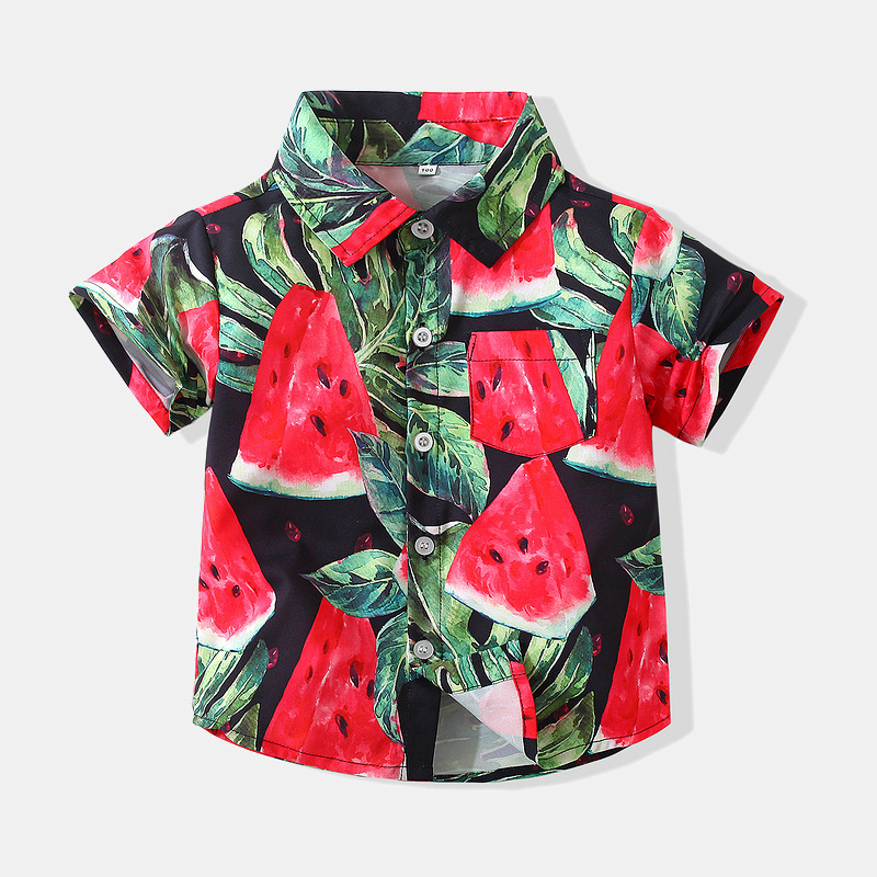 Camisa de sandía de impresión digital de estilo de playa para niños Camisa de manga corta de vacaciones europeas y americanas para niños nueva ropa de verano para niños