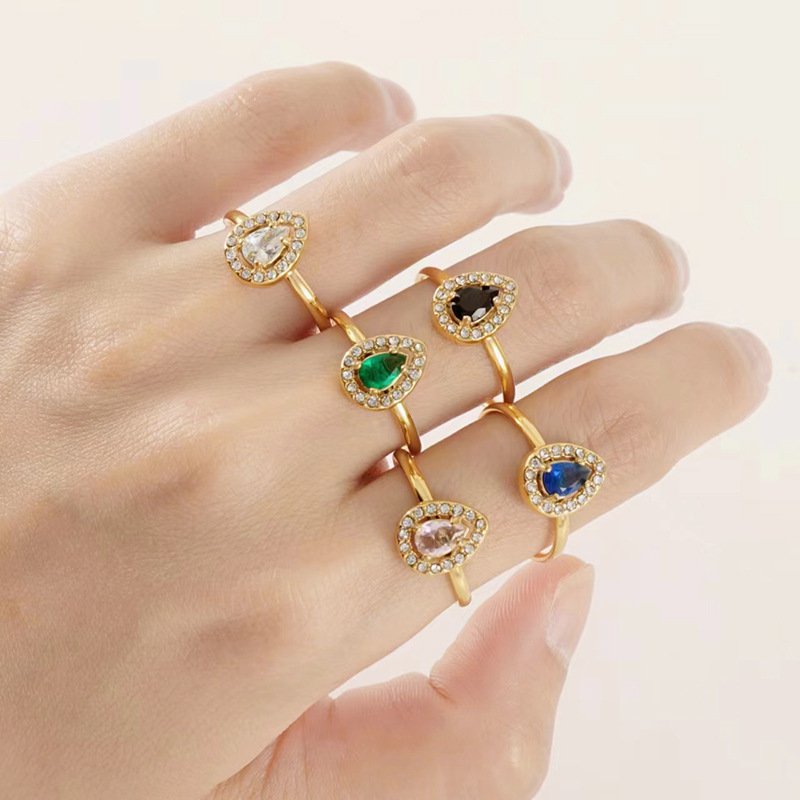 Moda europea y americana de acero inoxidable estilo ins anillo abierto hembra 18K oro luz lujo estilo gota de agua ZIRCON anillo ajustable