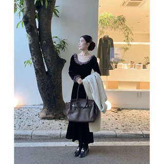 亚马逊速卖通eBay独立站法式蕾丝领长袖连衣裙女秋季优雅气质长裙