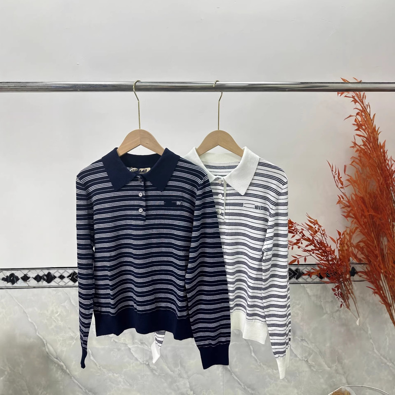 Nanyou Branded mm Classic Polo Collar Knit Sweater, New Autumn Korean Style Exquisite Retro Striped Color-Blocking Top for Women