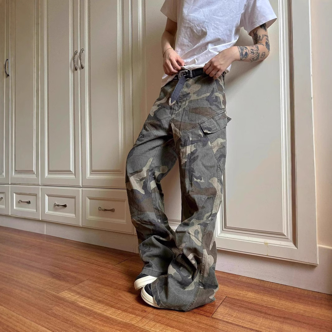 Washed Vintage Camouflage Jeans For Men, American High Street Style, Loose Straight Leg, Wide-Leg Cargo Pants With A_mkmklike.com