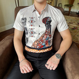 新款欧美男士翻领免烫时尚衬衫潮流数码印花款休闲短袖衬衣3003，男装衬衫，乐天大叔的衬衫铺