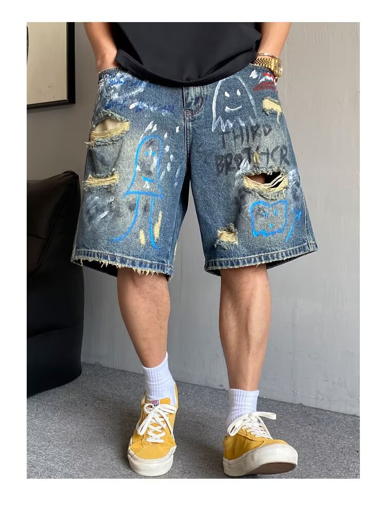 Hand Painted Graffiti Print Ripped Denim Shorts American Style High Waist Loose Fit Five Point Summer Fashion Kpop Casual Jeans_viptrois.com