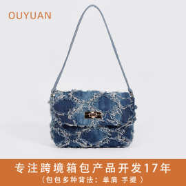 时尚牛仔布扎染单肩包夏季新款小香风女包包高级感小众菱格腋下包