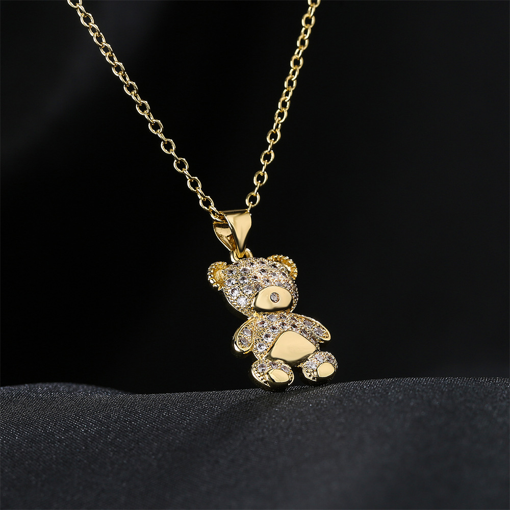 European and American copper micro-inlaid zircon bear pendant golden necklace